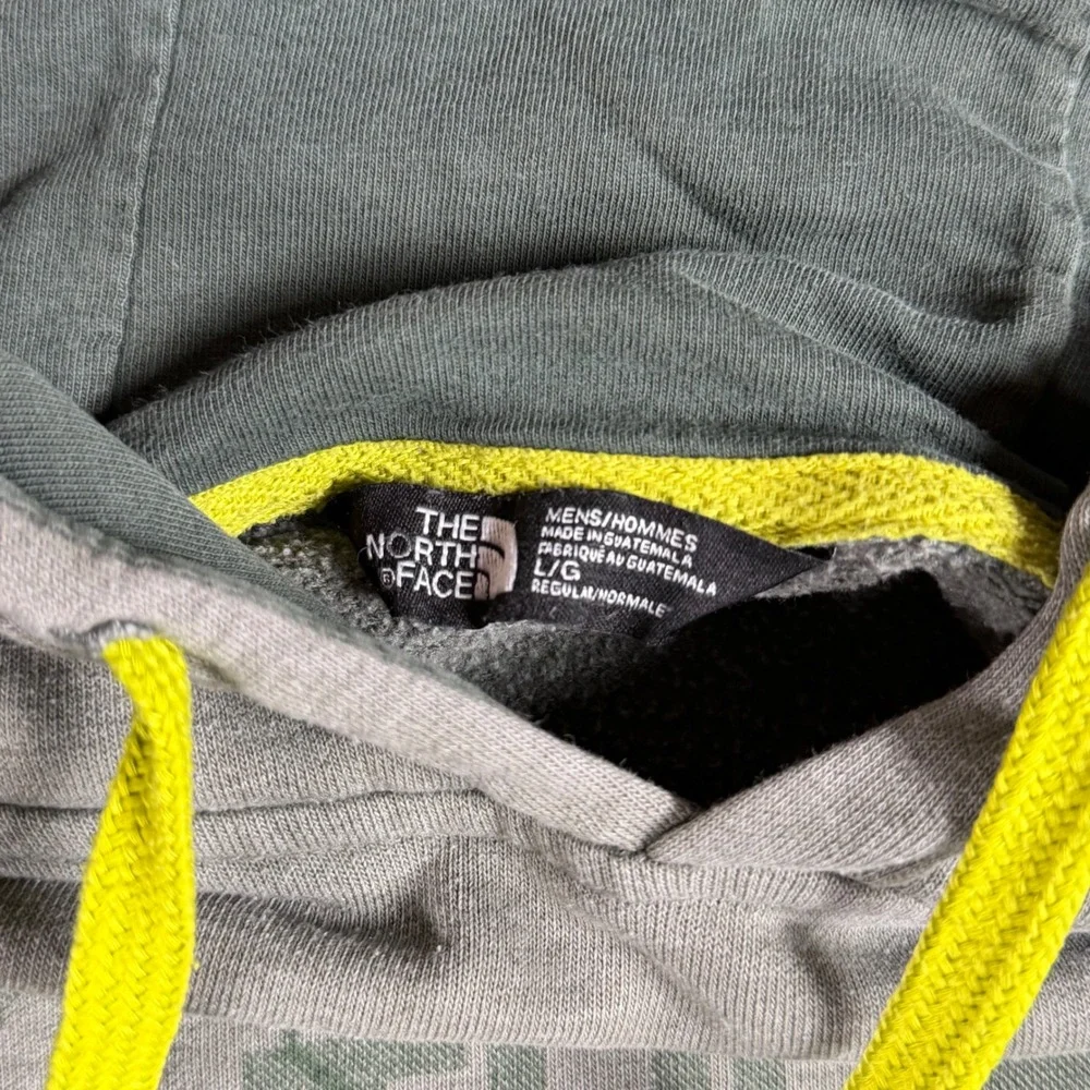The North Face Mens Gray Distressed Logo Pullover Hoodie Size Large Neon Yellow